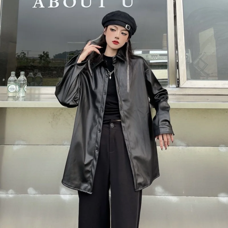 

New Women oversized PU leather blouses 2021 Spring Autumn Black Faux Leather Basic Coat Turn-down Collar Motor Biker Jacket