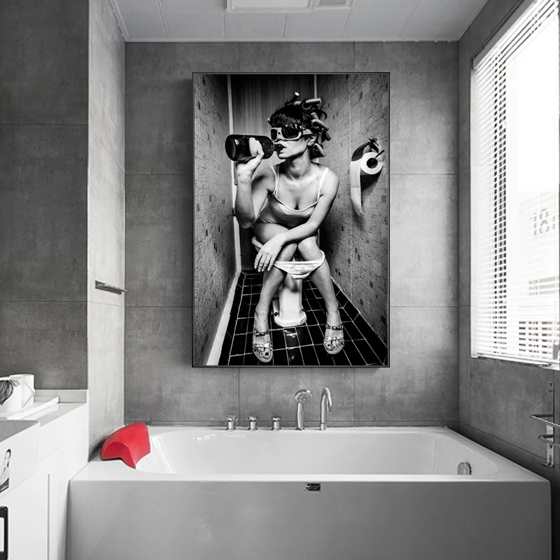 

Canvas Painting Wall Art Modern Toilet Sexy Woman Man Black and White Prints Bar Girl Smoking Drinking Bathroom Picture Poster