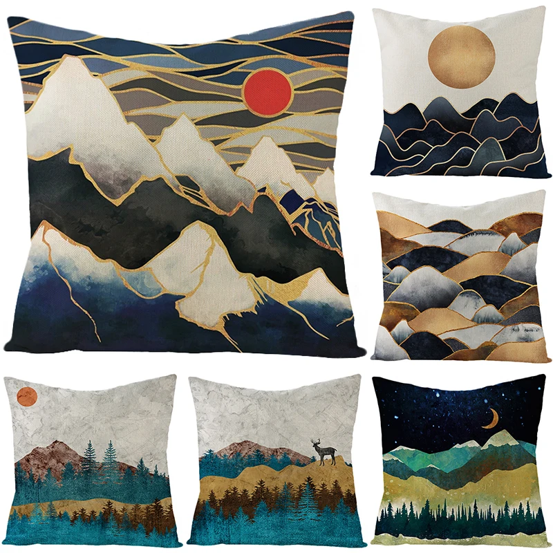 

New Home Decoration Items Mountain Forest Night Landscape Painting Printed Linen Material Pillowcase With a Variety Of Patterns