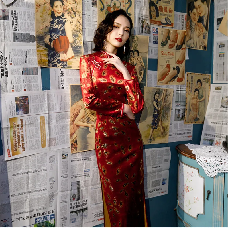 SHENG COCO Chinese китайские платья с длинными рукавами Cheongsam Qipao велюровое позолоченное платье в китайском стиле в стиле ретро женское платье с хвостом павлина Chipao