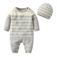 fashion newborn baby boy girls winter clothes warm knit sweater stripe long sleeve cotton toddler cardigan romper and hat set