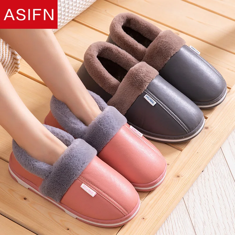 

ASIFN PU Leather Winter Women Fur Slippers Home Good Wrapping Men Warm Indoor Non-Slip Couple Mules Waterproof Plush Slippers