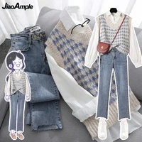 womens spring autumn fashion 3 pieces outfits 2021 student korean casual shirtssweater veststraight jeans set lady streetwear