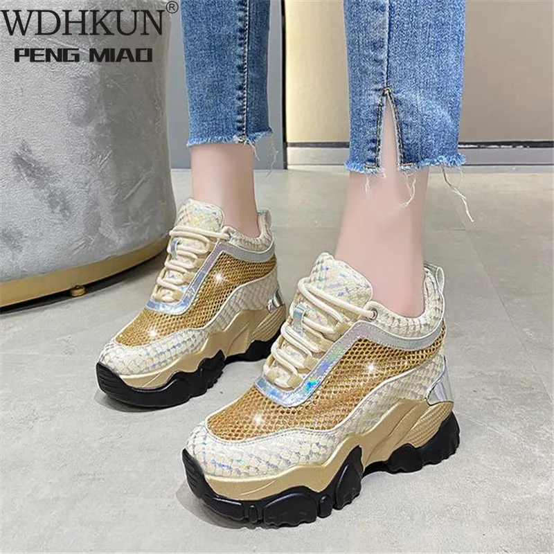 

Summer Breathable Chunky Sneakers for Women 2021 Spring Gold Silver Mesh Woman Platform Vulcanize Shoes Thick Bottom Sandals 5cm