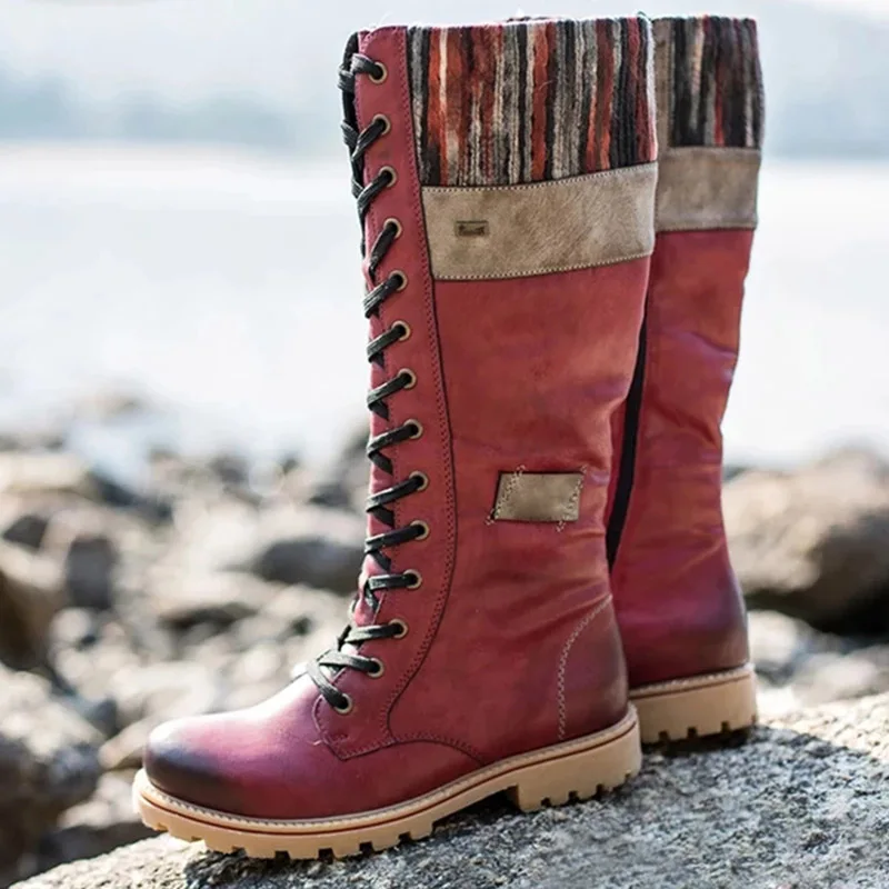 

Женские ботинки до середины икры; Зимние ботинки из искусственной кожи на низком толстом каблуке в винтажном стиле; Ботинки на шнуровке; TY66