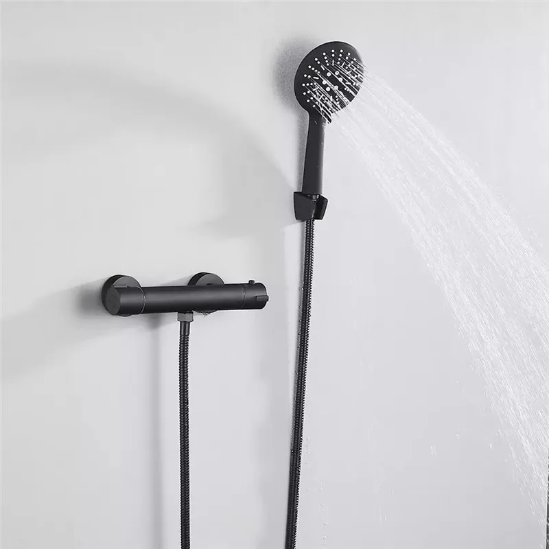 Thermostatic Shower Mixer Brass Black Wall Mounted Dual Handle Bathroom Thermostatic Shower Mixer Valve Tap Bathroom Accessories