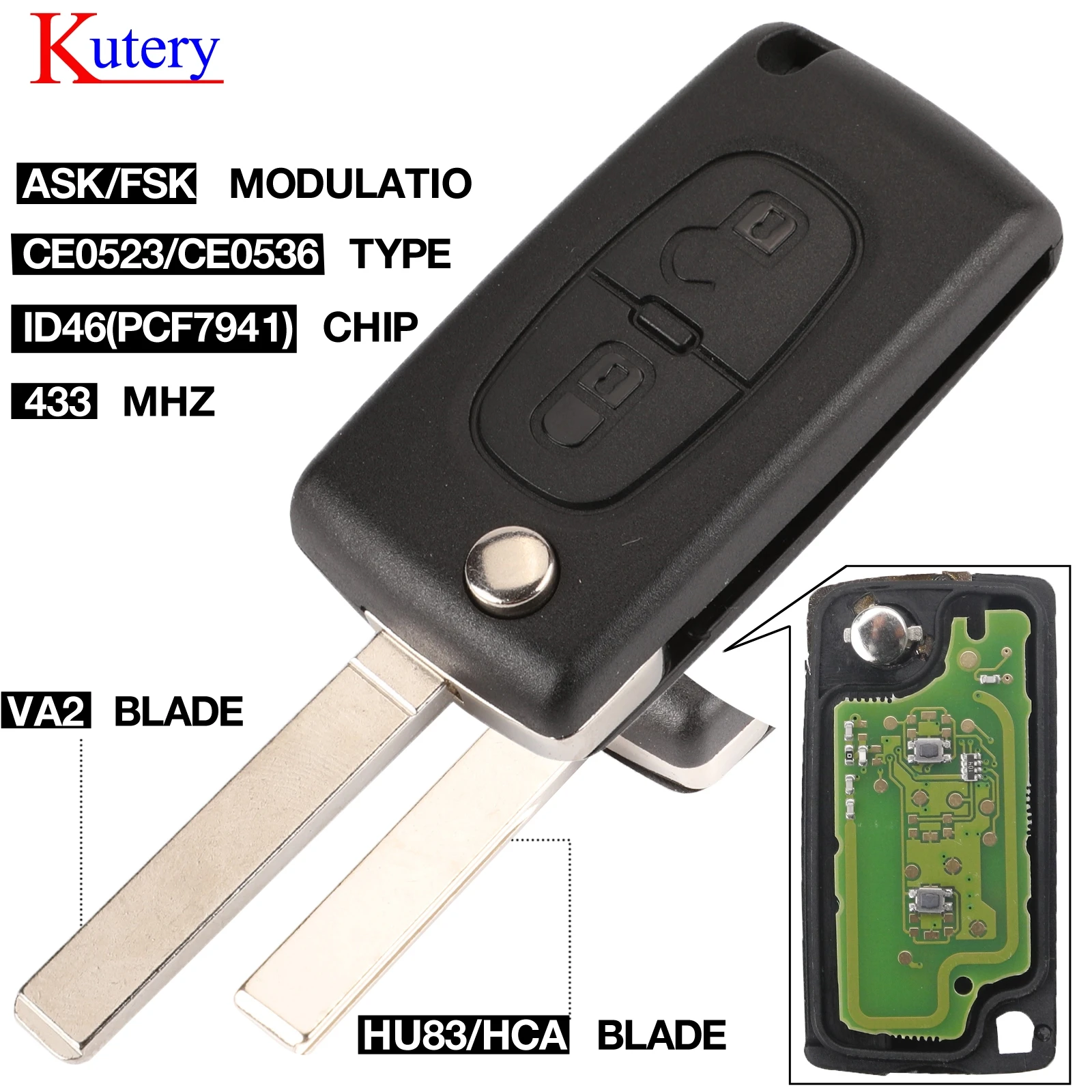 Kutery 434 МГц FSK/ASK 2 кнопки флип ключ для Peugeot 107 207 307 307S 308 407 607 пульт дистанционного