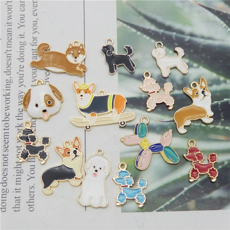 Julie Wang 13PCS Enamel Dog Charms Mixed Corgi Poodle Teddy Shiba Alloy Animal Pendants Jewelry Making Necklace Accessory |