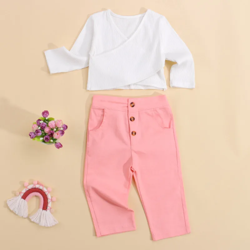 

Костюм с футболкой и брюками для маленьких девочек, модные повседневные однотонные Топы с длинным рукавом и длинные брюки, весна-осень