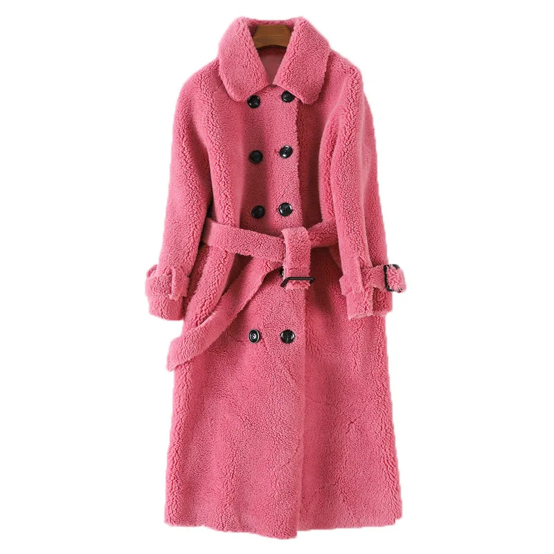 2021 winter fur coat female sheep shearing long solid color double faced wool fur jacket lapel double breasted belted outerwear