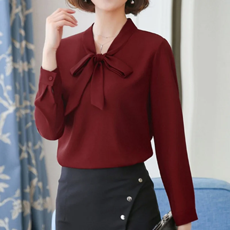 

Шикарная однотонная шифоновая рубашка с бантом на шее для женщин, Свободная шифоновая блузка с длинным рукавом, Офисная рубашка, женские То...