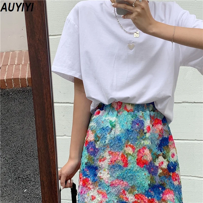 

Women's Summer 2021 New High Waist Mid-length Floral Slimming Fashion Large Size Retro Oil Painting A-line Half-length Skirt