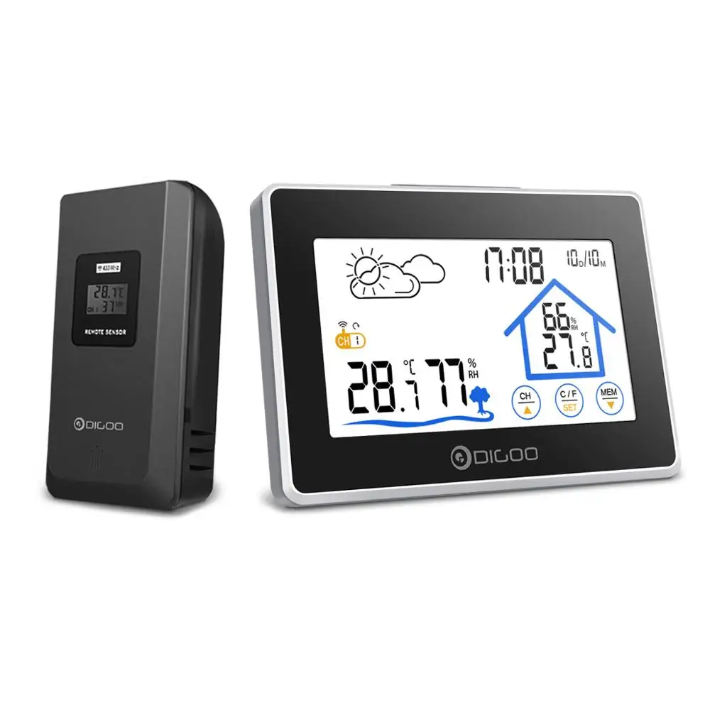 Digoo DGTH8380 Метеостанция Цифровой термометр гигрометр беспроводной датчик погоды температура измеритель влажности сенсорный экран - Цвет: Черный