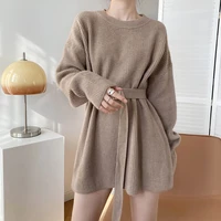 2021 autumn winter sweater dress pullover thickened high waist knitted dress women bodycon belted short dress fahsion
