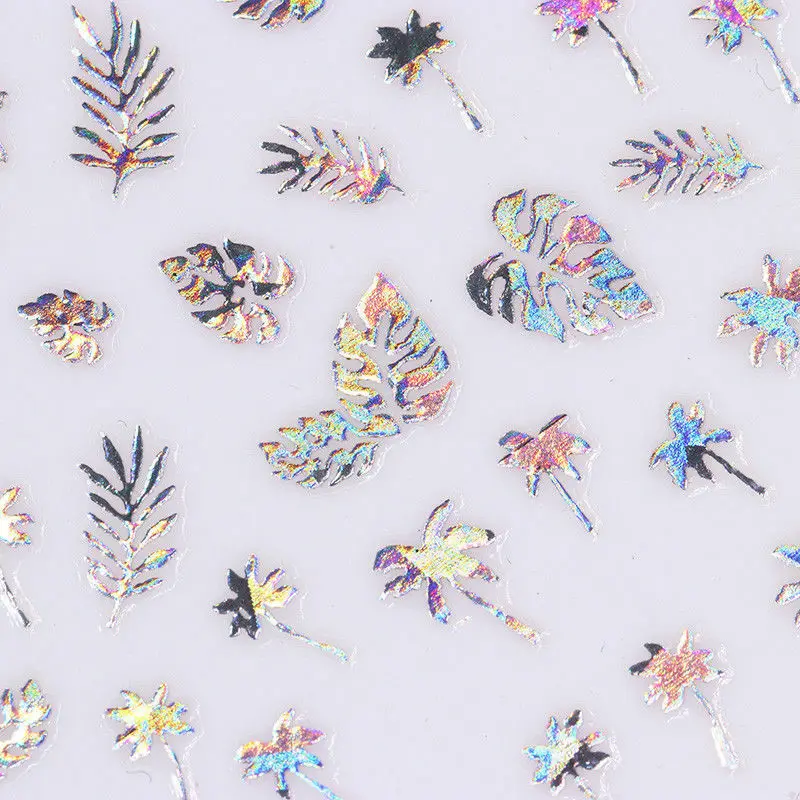 Голографические золотые 3D наклейка для ногтей лист кокосового дерева лазерный