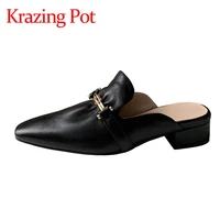 krazing pot genuine leather square toe high street fashion pleated young lady rivets metal fasteners slip on sandals women l27