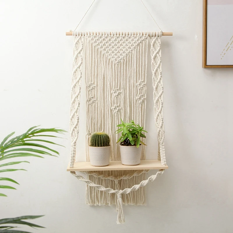 Boho Plant Holder Macrame Shelf Tapestry Wall Hanging Rack Bohemian Decor Hand-Woven Shelves Wooden Planter Basket | Дом и сад