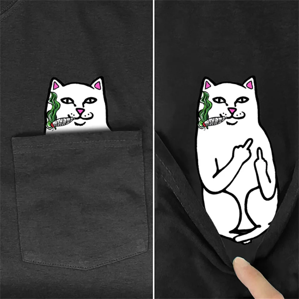 

Fiishimi Power New fashion film base cat pocket t-shirts interesting animals harajuku male/female summer fallow cotton t shirt