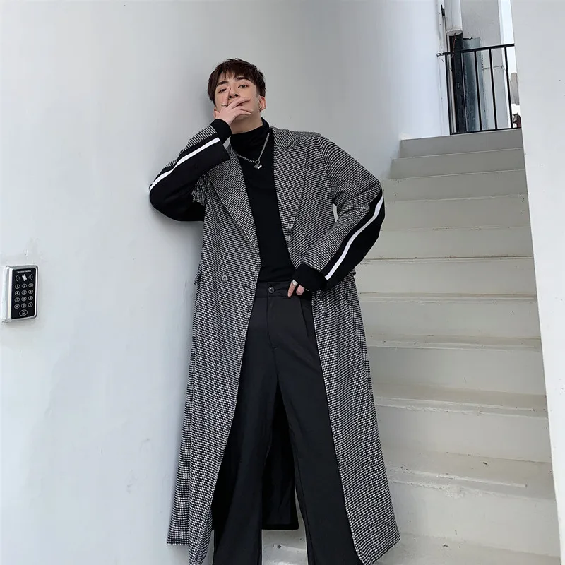 Тренчкот мужской длинный шерстяной в клетку модная винтажная уличная одежда