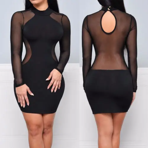 

Summer Women Dress See Through Mesh Elegant Bandage Long Sleeve Clothes Evening Sexy Party Mini Dress Clubwear