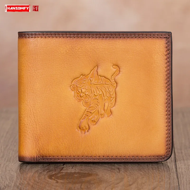 

Vintage Leather Mini Purse Men's Wallet Card Holder Short Zipper Wallets First Layer Cowhide Retro Thin Section Simple Tide Men