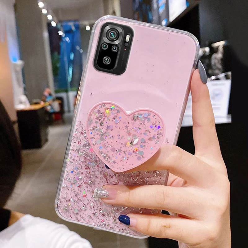 

Poco F3 X3 F2 Pro Glitter Case For Xiaomi Redmi K40 Note 10 9 8 7 Pro 9S 8T 10S 11 Case Silicone Heart Holder Cover Xiomi PocoF3