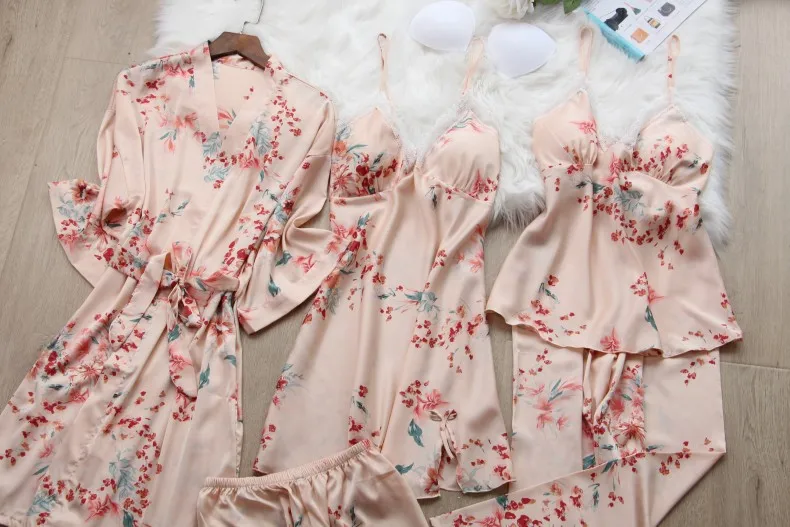 

Fdfklak Print 5PCS Pajama Sets Women's Pajamas Pijama Mujer Pyjamas Women Sleepwear Silk Pajamas Summer Homewear Sexy Pajamas