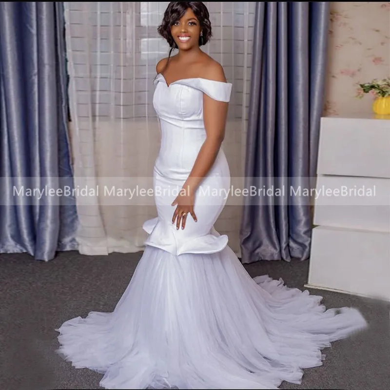 

MaryLeeBridal Off Shoulder Wedding Dresses Mermaid White Satin Bridal Dresses Customized African Women Princess Vestido Novia