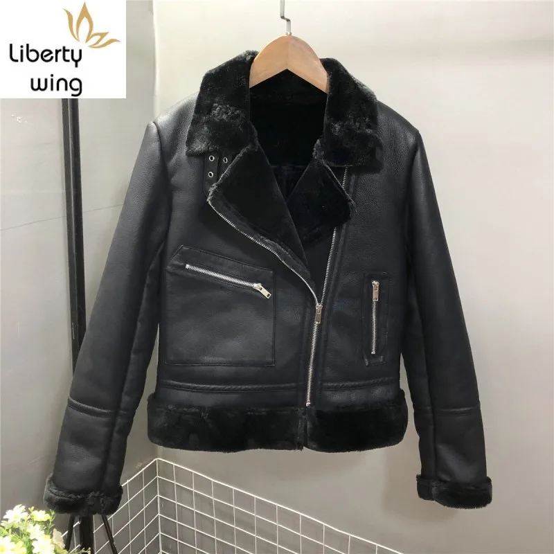 Зимняя Женская Толстая теплая куртка из искусственной кожи с меховой подкладкой