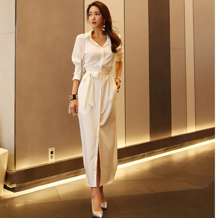

White Shirt Dress Long Sleeve Buttons Women Dress Spring 2021 Elegant Ladies Work Office Long Split Lace Thin Sexy Middle Skirt