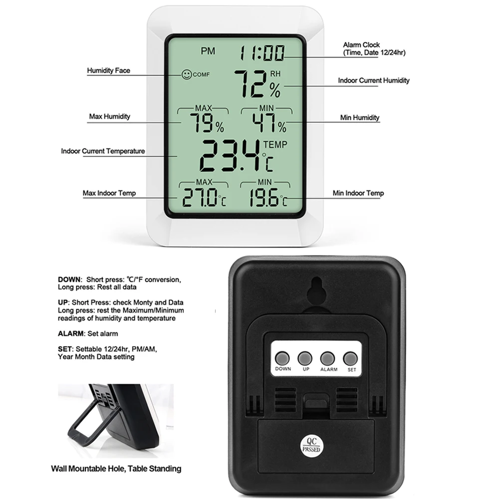 

Temperature Humidity Meter with LCD Digital Thermometer Hygrometer with Time Alarm Max./Min. Value Function Thermo-hygrometer