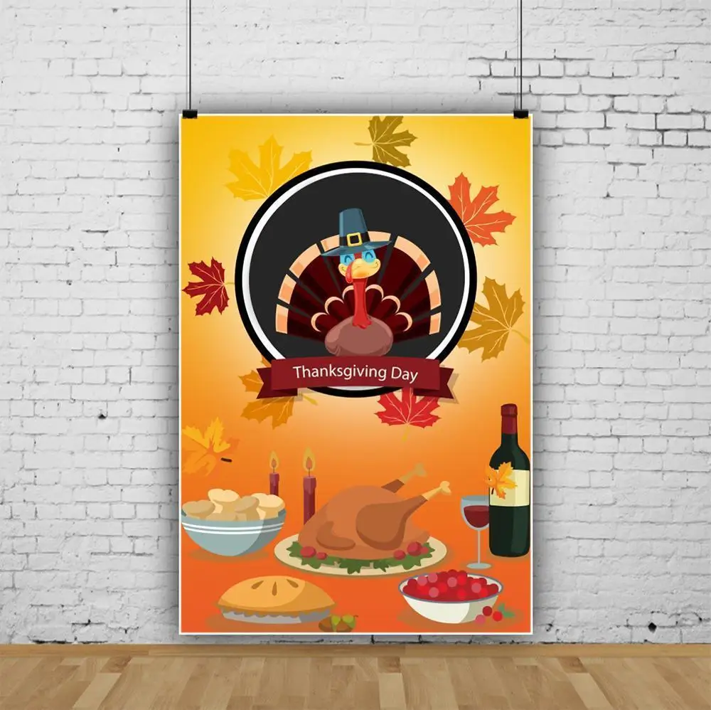 

Happy Thanksgiving Photography Backdrop Fine Wine and Turkey Photo Background Light yellow Wood Photo Booth Props