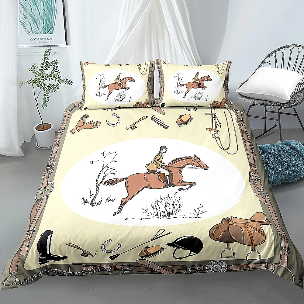 

Animals Duvet Cover Set King Equestrian Bedspread England Tradition Horse Riding Bedding Set 2/3Pcs Home Textiles