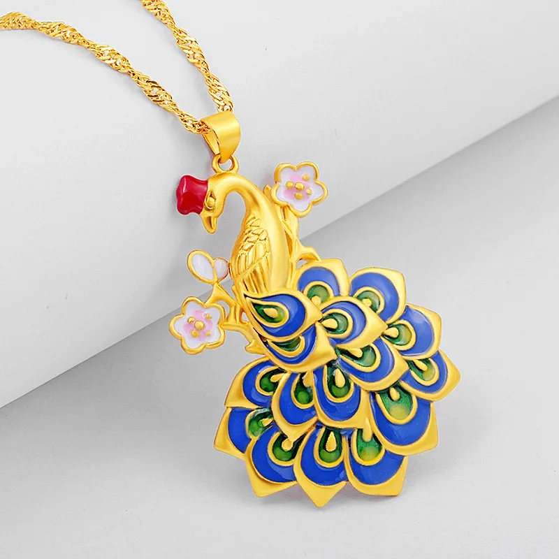 

18K Gold Necklace Colorful Enamel Peacock Pendant Cloisonne Clavicle Chain Necklaces for Women Ladies Retro Jewelry Gift