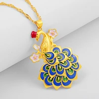18k gold necklace colorful enamel peacock pendant cloisonne clavicle chain necklaces for women ladies retro jewelry gift