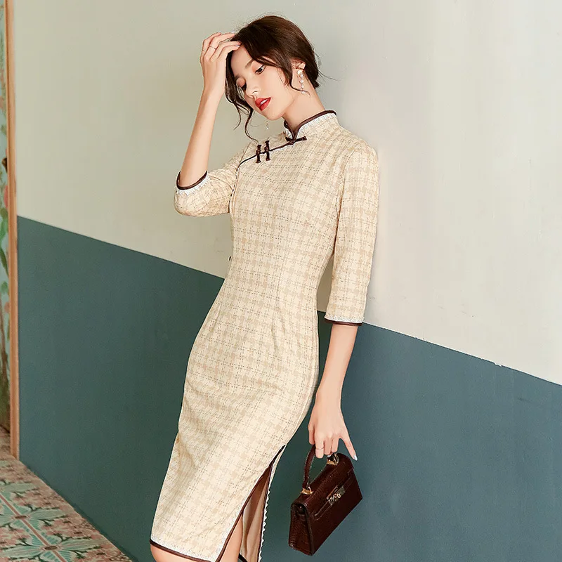 

FZSLCYIYI Sexy Daily Plaid Suede Slim Traditional Women Qipao Vintage Oriental Female Cheongsam Chinese Formal Dress