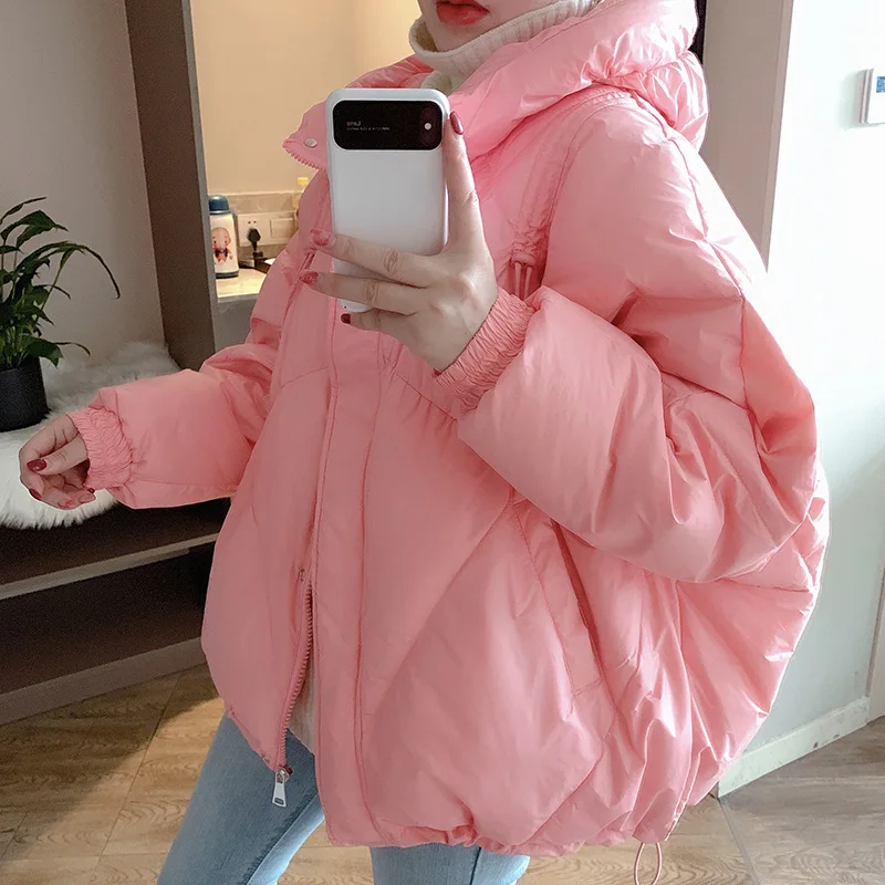 Fashion new drawstring hooded lightweight down jacket women short loose white duck down solid color ladies coat