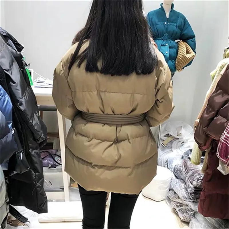 Куртка женская зимняя с поясом пальто женское зимнее Модная вязаная однобортная зимняя куртка с v-образным вырезом для женщин, теплая туника с поясом, зимнее пальто, женская ветровка Casaco