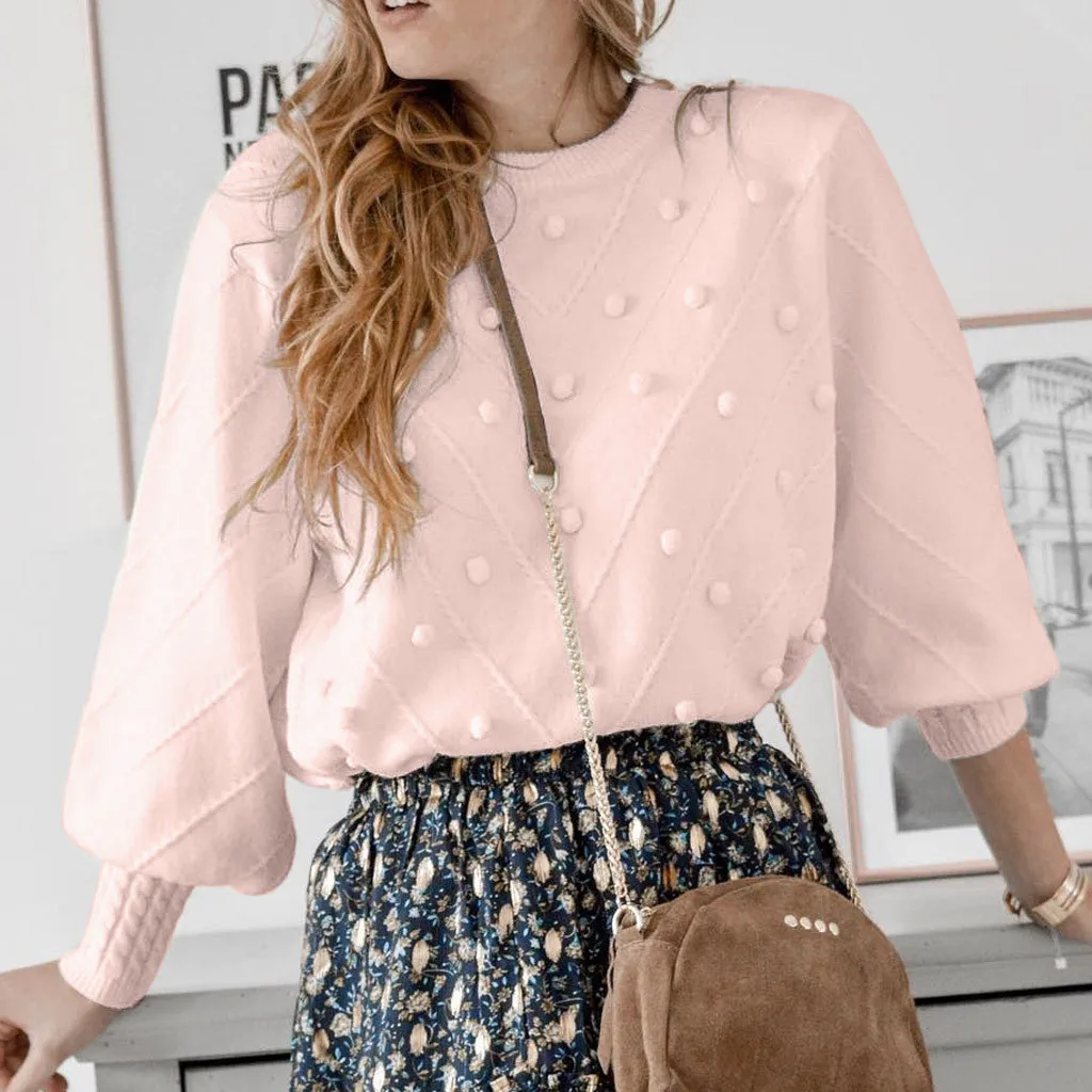 

Fashion Women Winter Warm O-Neck Knitted Hairball Long Sleeve Sweater Tops