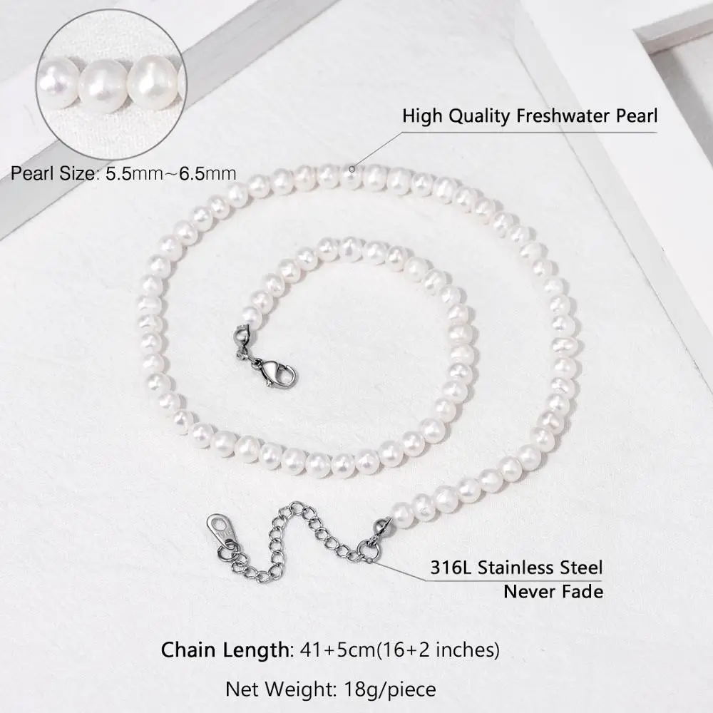 U7 Freshwater Cultured Pearl Choker Necklace 5-6.5mm 43/46cm Long Round or Baroque White Pearls Jewelry Gifts for Women P1058 | Украшения и