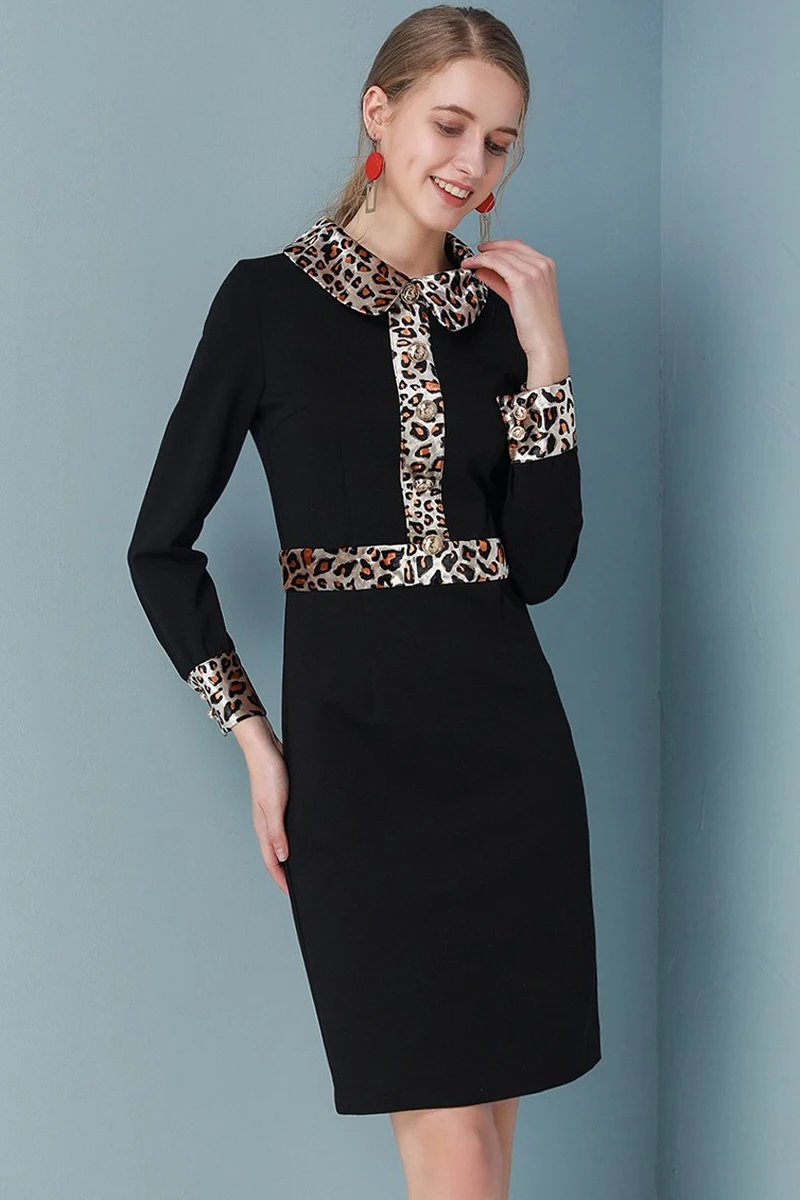 Red RoosaRosee Designer Women Spring Autumn Vintage Wrist Sleeve Leopard Black Mini Dress Elegant Party Vestidos Lady Robe Femme