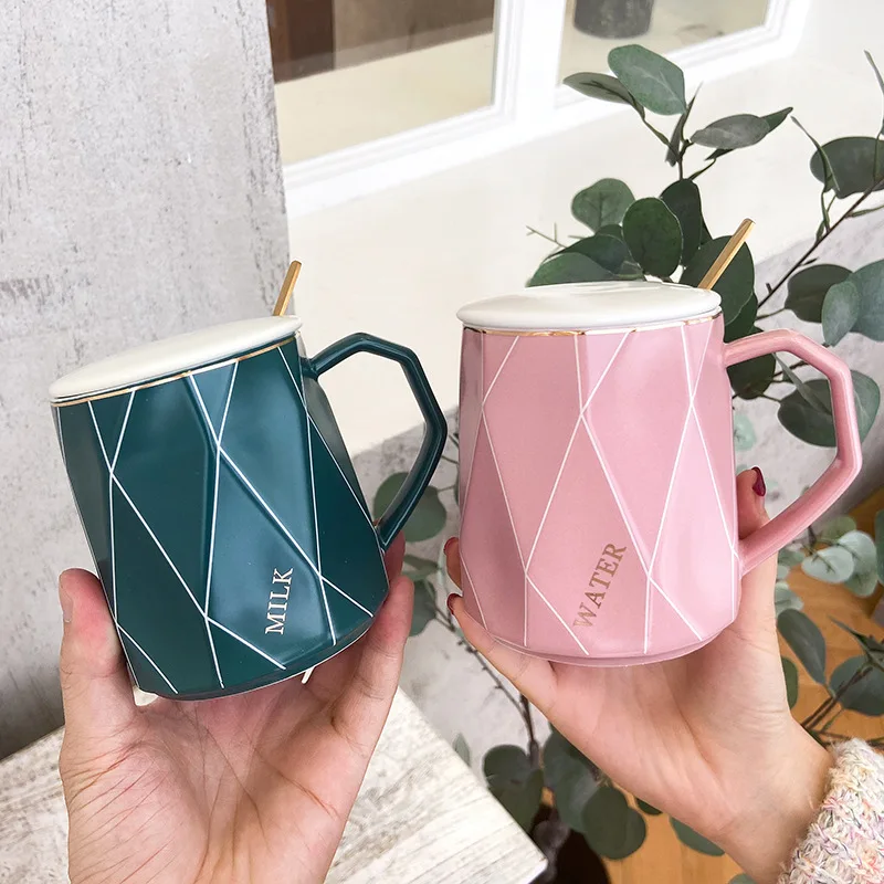 

1 шт. Подарочная кружка, простой стиль, свежие цвета, Геометрические линии, фотография с крышкой и ложкой, Набор кружек, кружка для воды, кружк...