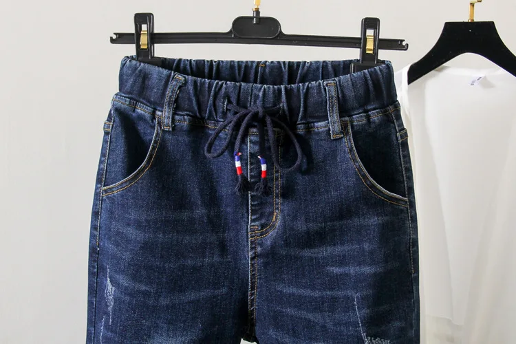 Большие размеры женские осенние и зимние новые L-5XL вышитые джинсы талии эластичные Стрейчевые брюки темно-синие джинсовые шорты для студентов