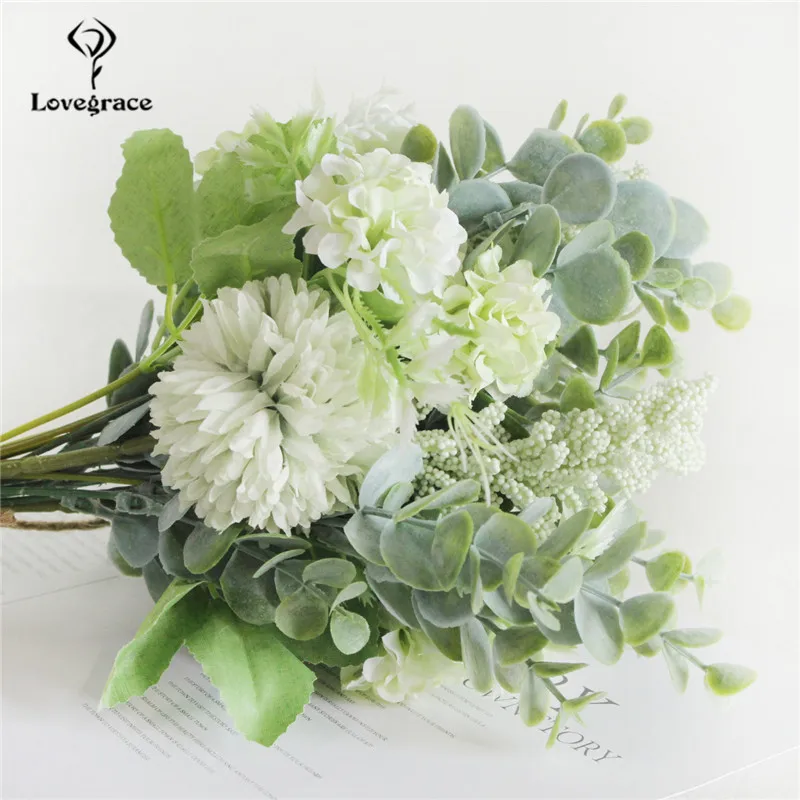 Artificial Silk Pompon Luckyball Flowers Bouquet Green Eucylaptus Flores Wedding Home Party DIY Decor Fake | Свадьбы и торжества