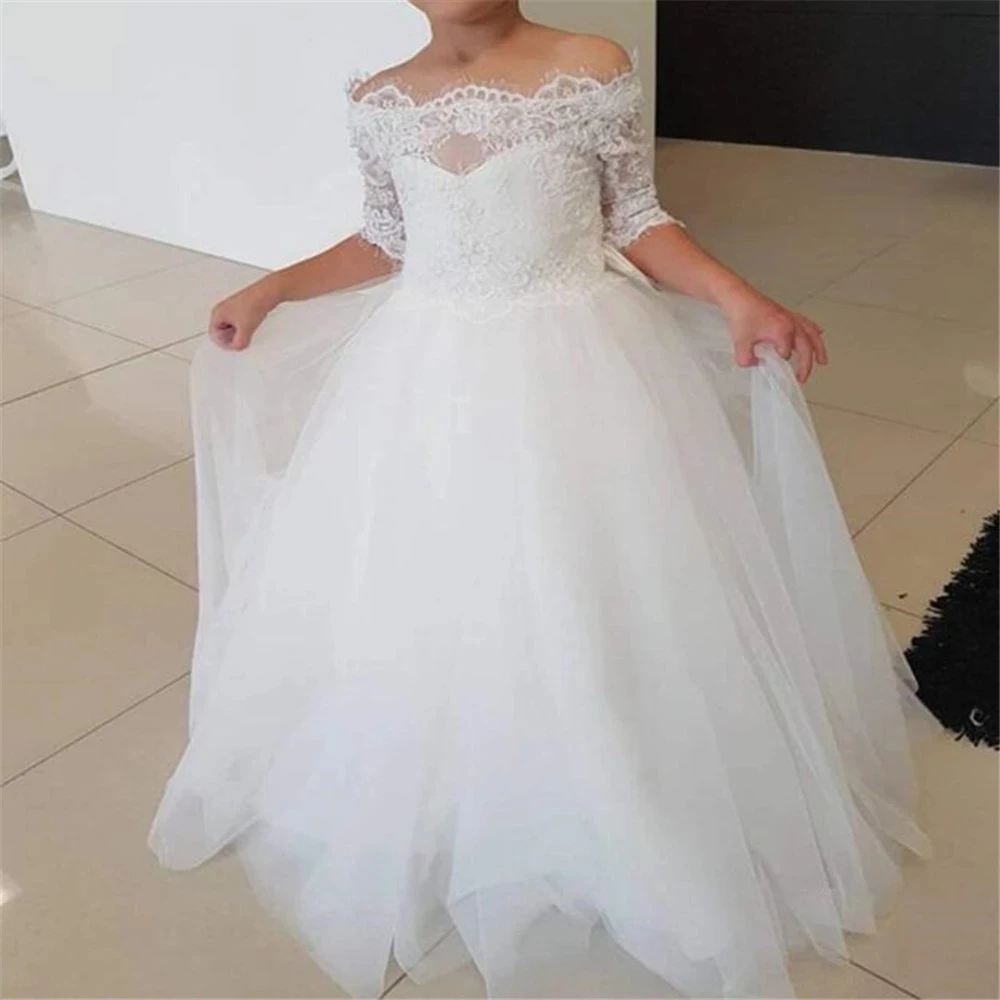 

Princess Flower Girl Dresses For Wedding Half sleeve Pageant Gown Fluffy Tulle Child Holy Communion Birthday Party Dresses