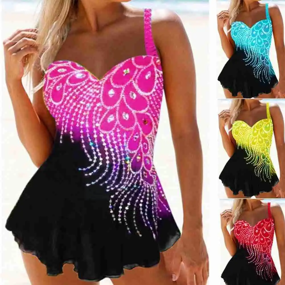 Ladies Swimsuit Feather Printing Hit Color Stitching Sexy Hot AliExpress Bikini Womail Split Women Self-cultivatio E8Q2 | Спорт и