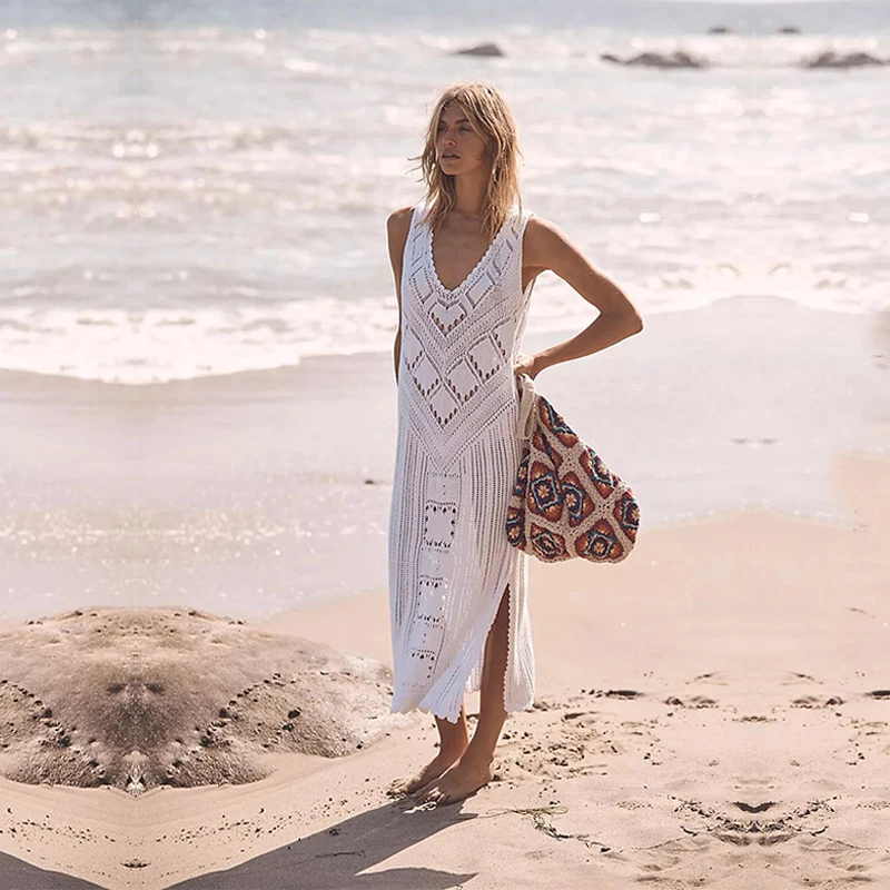 

2021 Sexy Sleeveless Bikini Cover-ups White Crochet Tunic Knitted Summer Beach Dress Women Beach Wear Swim Suit Cover Up