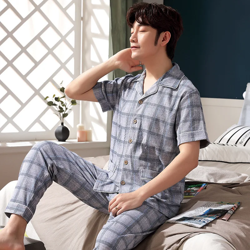 Новейший мужской пижамный комплект женская летняя одежда для сна в полоску Мужская Ночная рубашка с коротким рукавом Короткие штаны хлопко... от AliExpress RU&CIS NEW