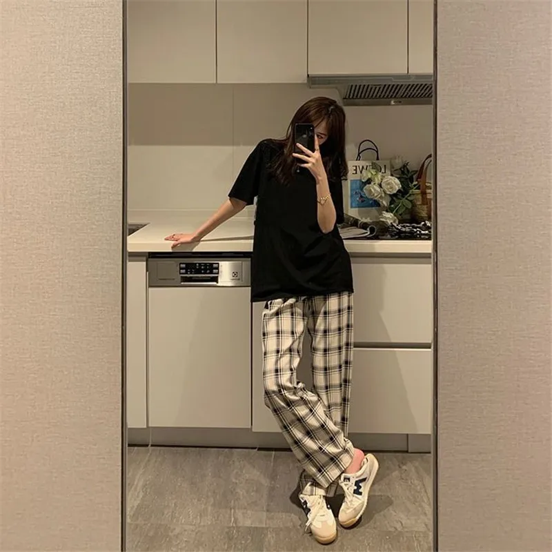 Клетчатые брюки цвета хаки женские повседневные летние модные шаровары