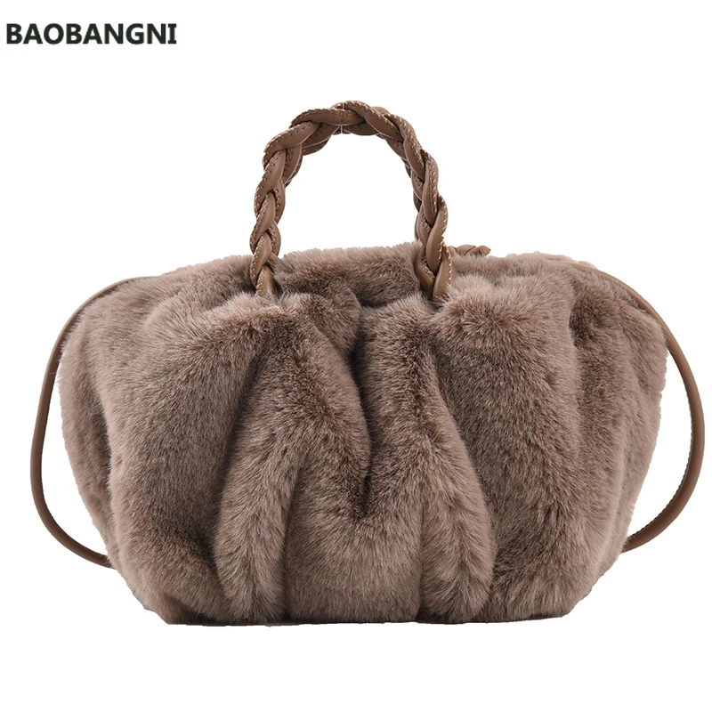 Faux Fur Totes With Woven Handle Winter New High-quality Soft Plush Women's Designer Handbag Travel Shoulder Messenger Bag
